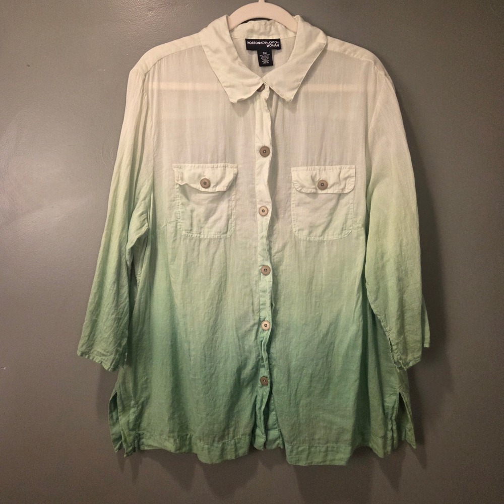 Norton McNaughton Woman 100% Cotton 3/4 Sleeve Button Up Shirt 3X Ombre Dip Dye‎